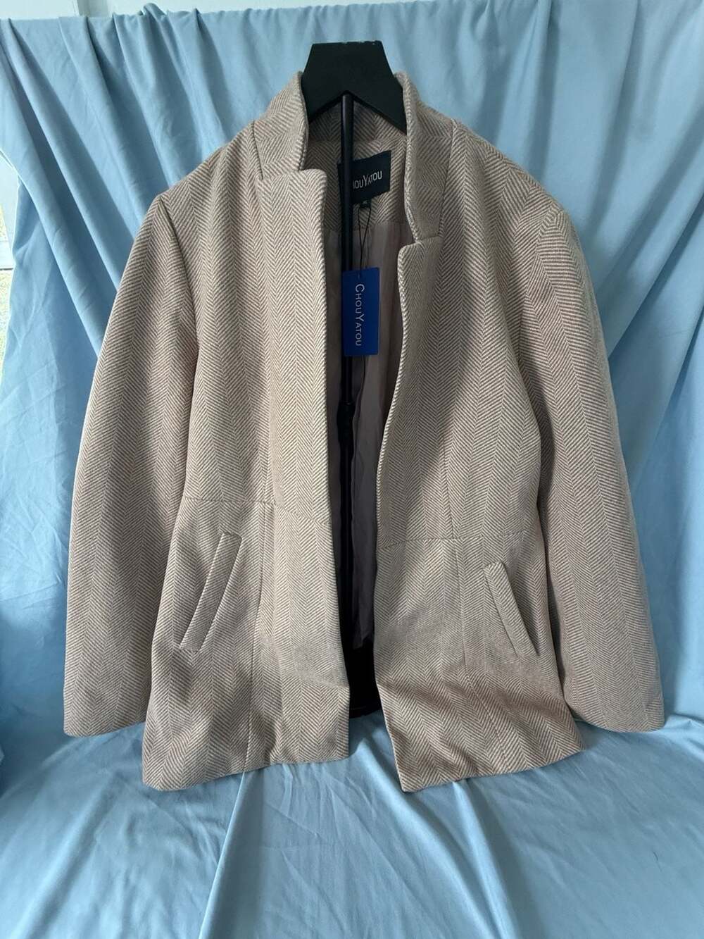 Chouyatou Women's Herringbone Textured Stand Collar Open Front Blazer Coat, Beig